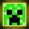 Colorful Minecraft mobs in neon signs, including zombies, creepers, Endermen, and skeletons.
