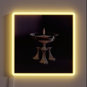 A Lit Candle In A Silver Bowl On A Table RGB Neon Sign