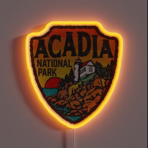 Acadia National Park Vintage Style Badge W Maine Coast And Lighthouse RGB Neon Sign
