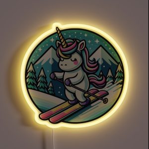 Adorable Unicorn Cartoon Art Magical Skiing In Winter RGB Neon Sign Adorable Unicorn Cartoon Art Magical Skiing In Winter RGB Neon Sign