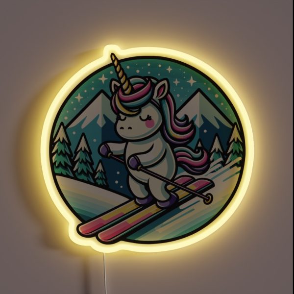 Adorable Unicorn Cartoon Art Magical Skiing RGB Neon Sign