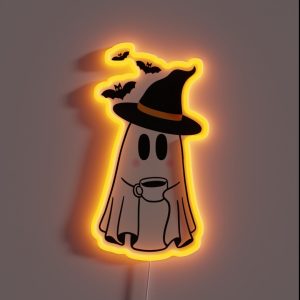 Adorable Witchy Ghost With Coffee And Bats RGB Neon Sign