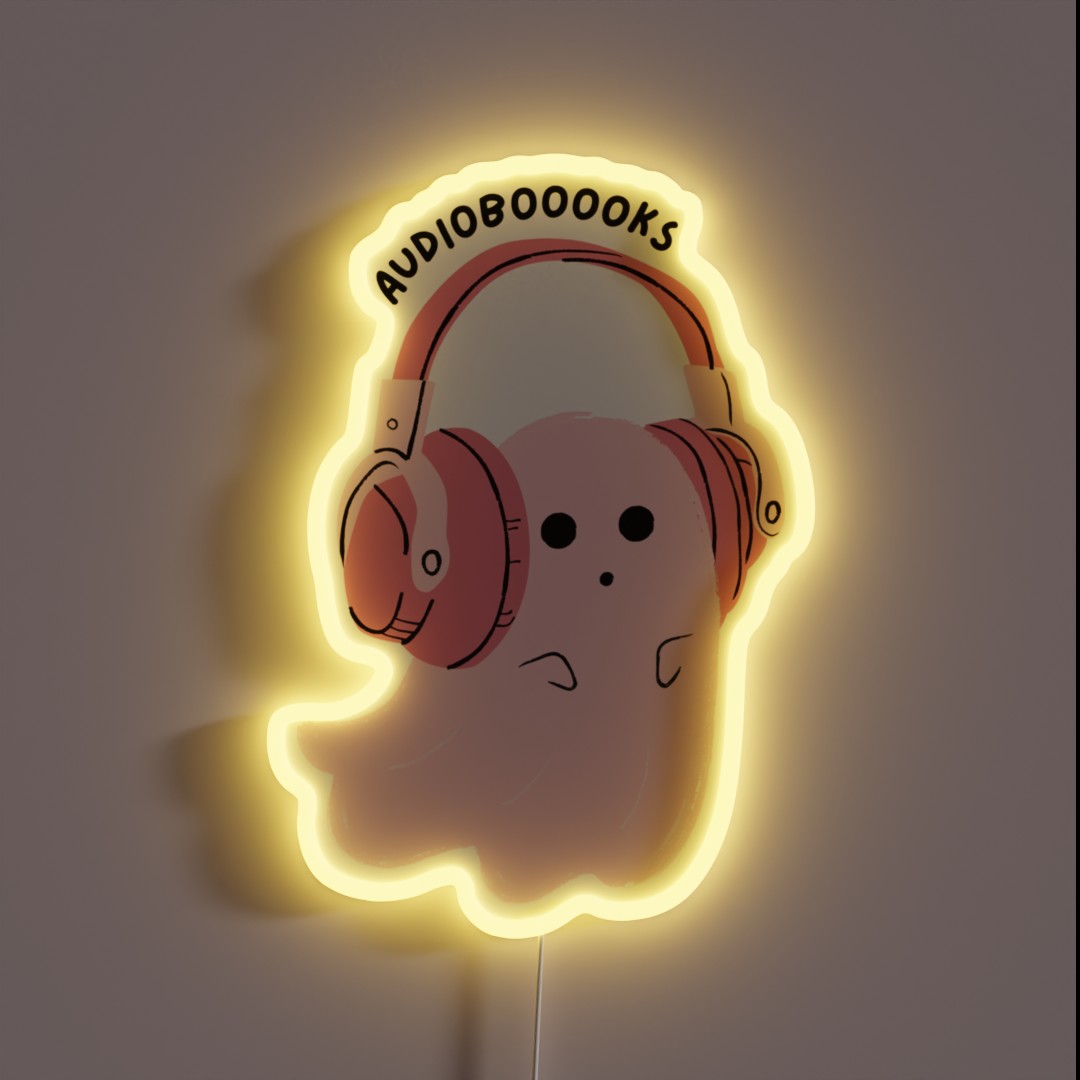 Audiobooooks Cute Pink Ghost Listening To An RGB Neon Sign Audiobooooks Cute Pink Ghost Listening To An RGB Neon Sign
