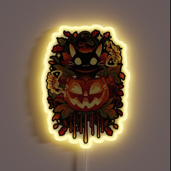 Autumn Tricks Halloween Black Cat And Pumpkin RGB Neon Sign