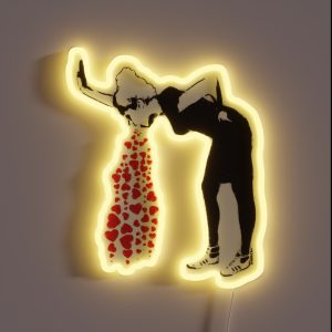 Banksy Graffiti Love Sick Woman With Snickers Vomitting Hearts Black And White With Grunge Texture HD HIGH QUALITY ONLINE STORE RGB Neon Sign