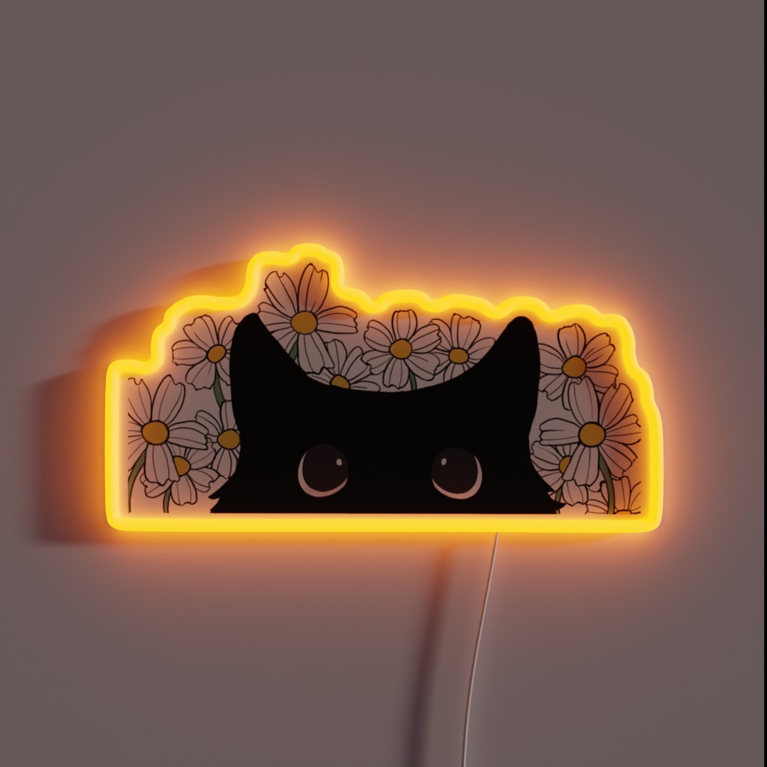 Black Cat And Daisies RGB Neon Sign Black Cat And Daisies RGB Neon Sign