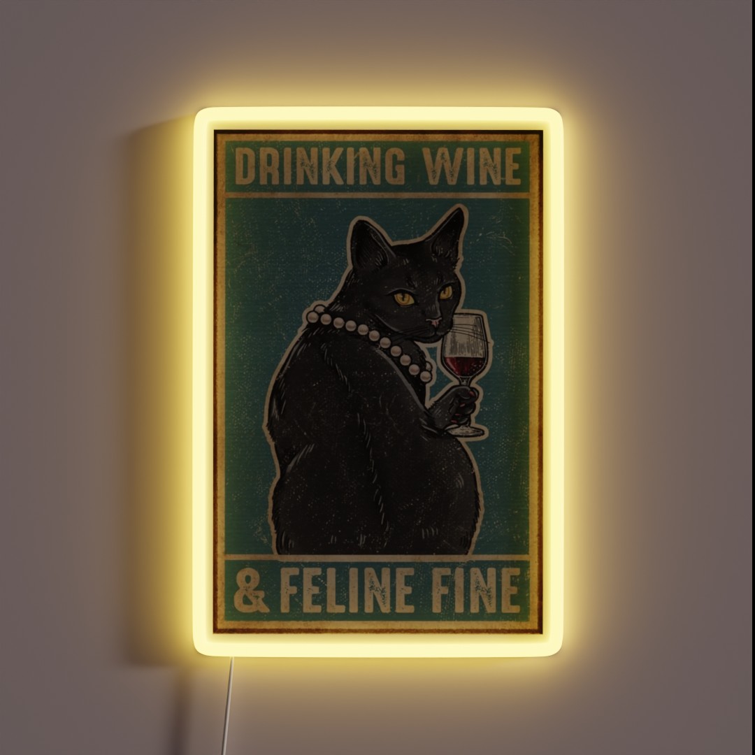 Black Cat Drinking Wine And Feline Fine RGB Neon Sign Black Cat Drinking Wine And Feline Fine RGB Neon Sign