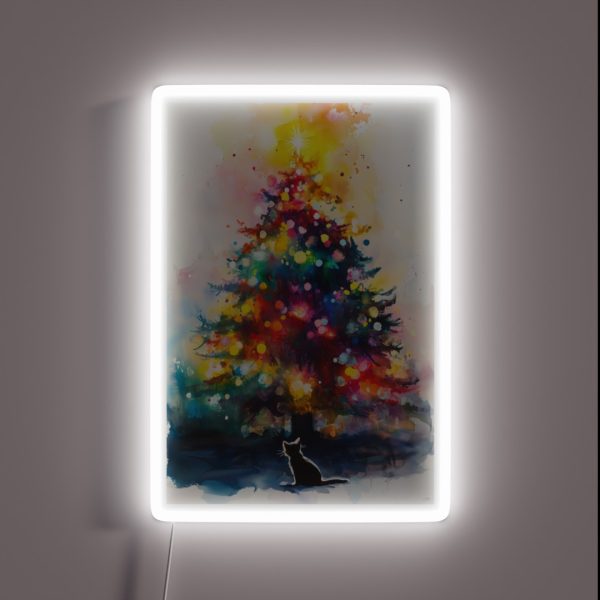 Black Cat Looking At Christmas Tree Abstract RGB Neon Sign