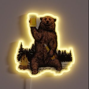 Bear Drinking Beer Camp Fire Woods Outdoor Grizzly RGB Neon Sign