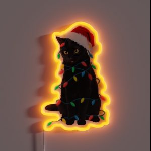 Black Cat Christmas Led Lights Xmas Tree Kitten In Santa Hat Funny Gift RGB Neon Sign