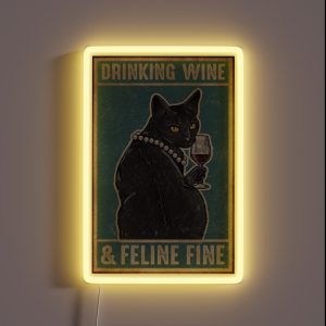 Black Cat Drinking Wine And Feline Fine RGB Neon Sign