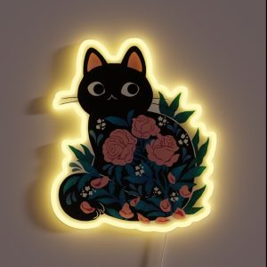 Black Cat In Prink Roses RGB Neon Sign