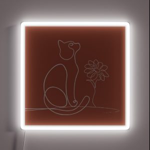 Boho Burnt Orange Cat Line Art Daisy Flower RGB Neon Sign