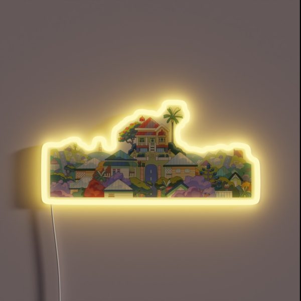 Cartoon House Skyline RGB Neon Sign