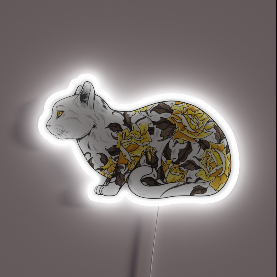 Cat In Yellow Roses Tattoo RGB Neon Sign Cat In Yellow Roses Tattoo RGB Neon Sign