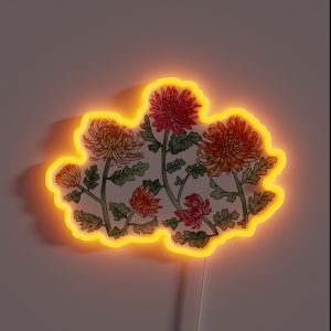 Chrysanthemum Watercolor And Pen Pattern Warm Sage RGB Neon Sign