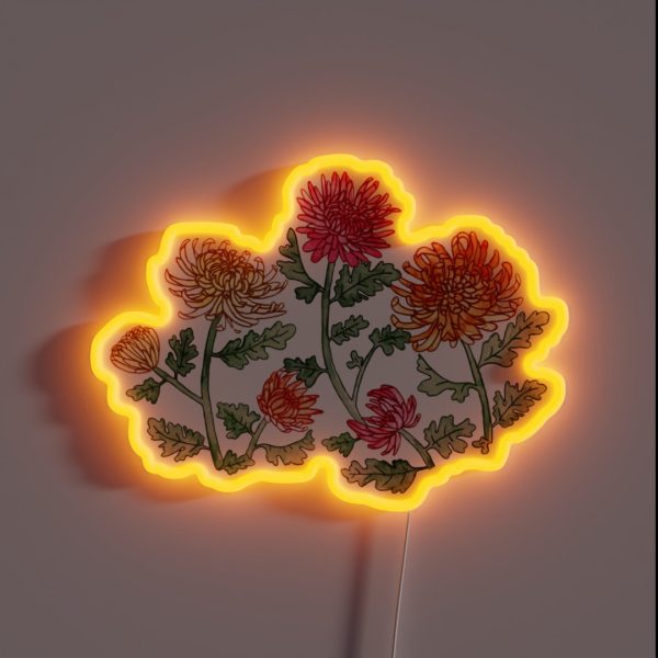 Chrysanthemum Watercolor And Pen Pattern Warm RGB Neon Sign