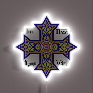 Coptic Orthodox Cross With Text On Blue RGB Neon Sign