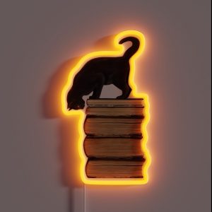 Curious Black Cat On Old Books For Literary Cat Lovers RGB Neon Sign Curious Black Cat On Old Books For Literary Cat Lovers RGB Neon Sign