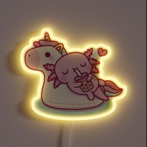 Cute Axolotl Chilling On Unicorn Pool Float Drinking Bubble Tea RGB Neon Sign