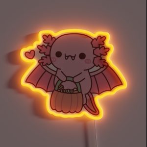Cute Axolotl Vampire Carrying Pumpkin Halloween Candy RGB Neon Sign