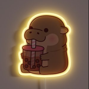 Cute Baby Hippo Drinking Boba Tea RGB Neon Sign