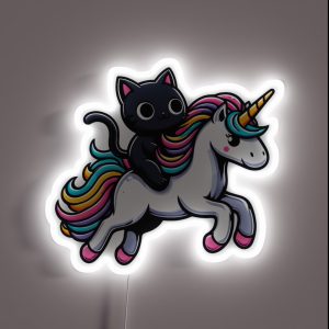 Cute Black Kitty Riding A Unicorn RGB Neon Sign