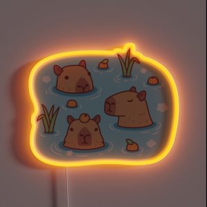 Cute Capybaras Chilling In Hot Spring With Oranges RGB Neon Sign