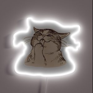 Cute Cat Licking It S Paw Design RGB Neon Sign