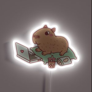 Cute Chilling Capybara With Laptop And Snacks RGB Neon Sign