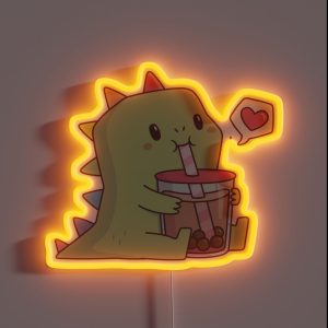 Cute Dino With Rainbow Spikes Loves Bubble Tea RGB Neon Sign Cute Dino With Rainbow Spikes Loves Bubble Tea RGB Neon Sign