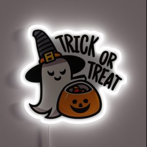 Cute Ghost Holding Pumpkin Candy Bucket Trick Or Treat Halloween RGB Neon Sign
