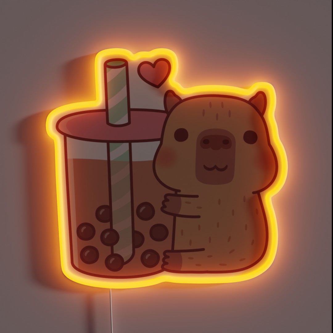 Cute Little Capybara Hugs Bubble Tea RGB Neon Sign Cute Little Capybara Hugs Bubble Tea RGB Neon Sign