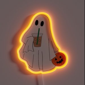 Cute Little Ghost Drinking Coffee Halloween Spooky Season RGB Neon Sign