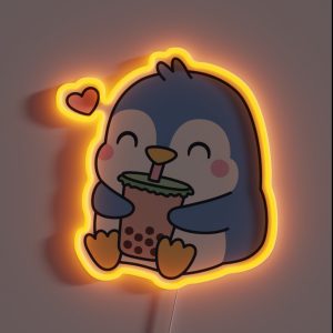 Cute Little Penguin Loves Boba Tea RGB Neon Sign