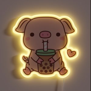 Cute Little Pig Loves Bubble Milk Tea RGB Neon Sign
