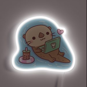 Cute Otter Chilling With Bubble Tea And Laptop Videos RGB Neon Sign