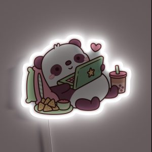 Cute Panda Chillin With Anime Chips And Bubble Tea RGB Neon Sign