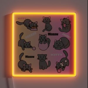 Cute Playful Cats Pattern In Grey Yellow And Pink RGB Neon Sign