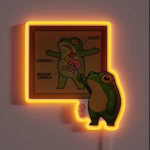 Cute Pudgy Frog Showing Dessert Stomach Diagram Asian Artwork RGB Neon Sign