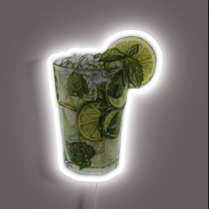 Delicious Mojito Alcohol Cocktail With Lime Mint Leaves And Ice In Glass Hand Drawn Food Illustration RGB Neon Sign Delicious Mojito Alcohol Cocktail With Lime Mint Leaves And Ice In Glass Hand Drawn Food Illustration RGB Neon Sign