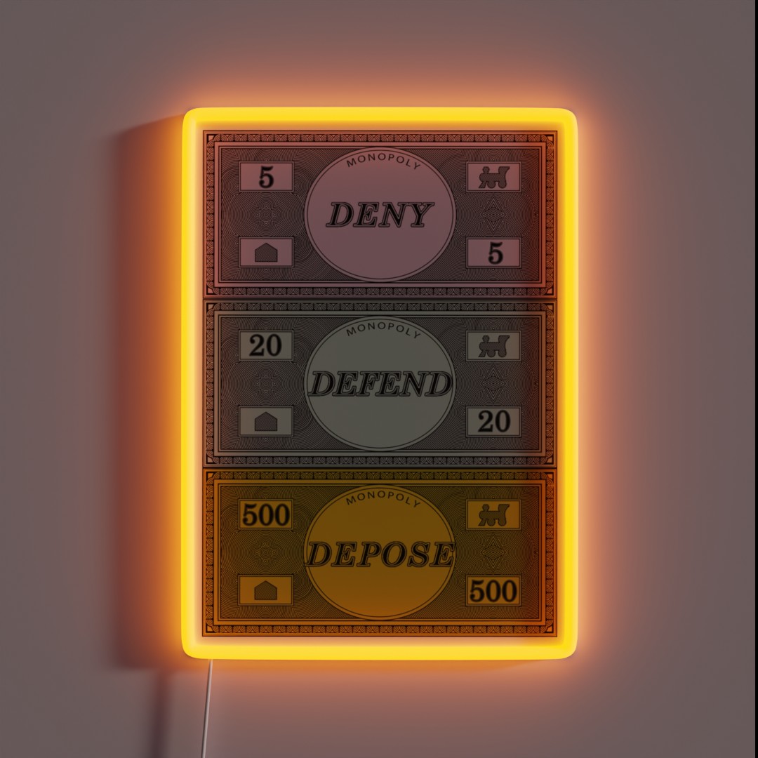 DENY DEFEND DEPOSE Monopoly Money RGB Neon Sign DENY DEFEND DEPOSE Monopoly Money RGB Neon Sign