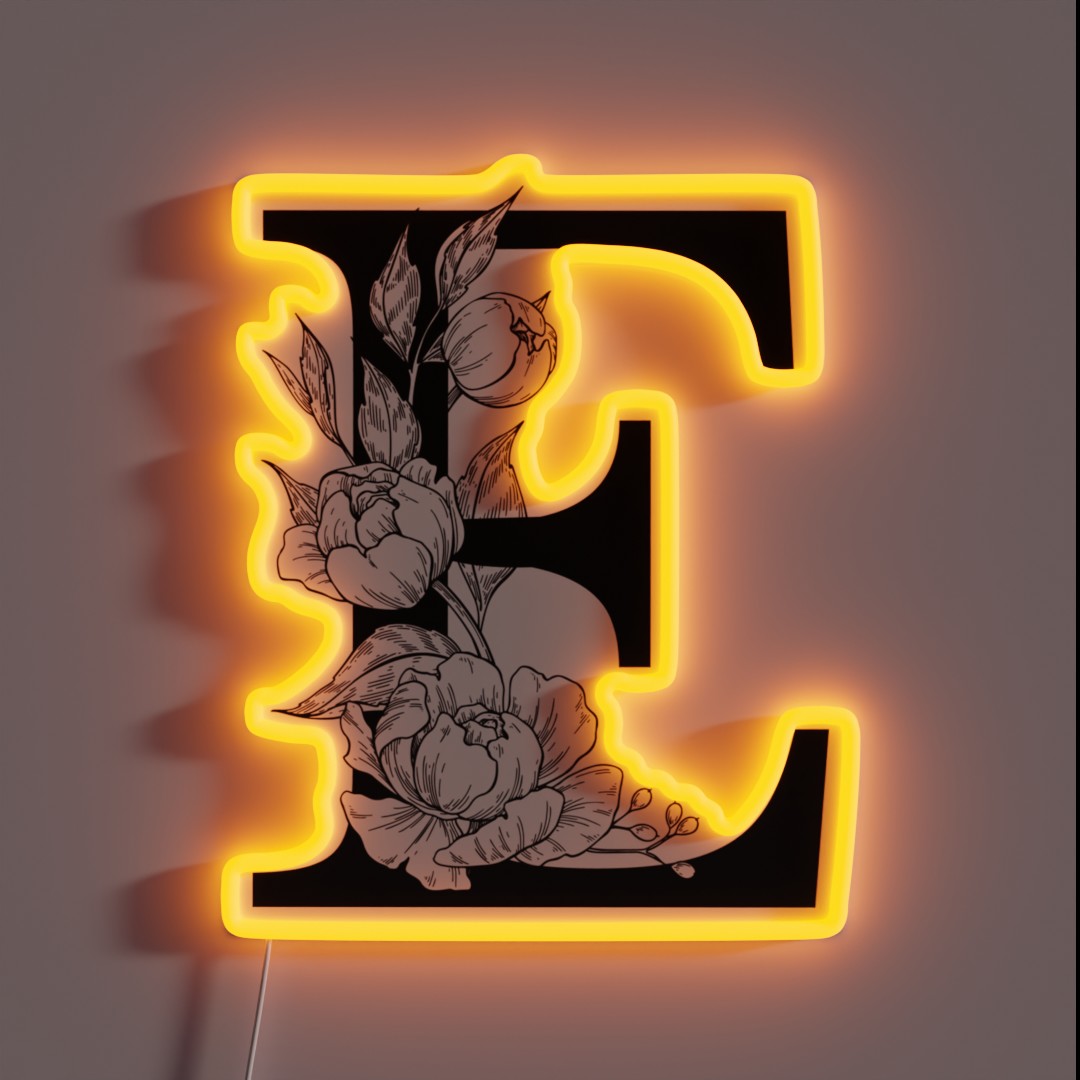 E Botanical Monogram Detailed Peony Drawing RGB Neon Sign E Botanical Monogram Detailed Peony Drawing RGB Neon Sign
