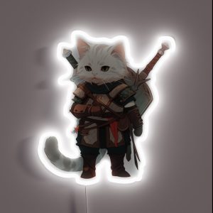 Feline Witcher Cat Cosplaying As Geralt Of Rivia Whimsical Fan Art Illustration RGB Neon Sign