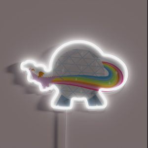 Figment Flying Around Epcot Ball With Rainbow RGB Neon Sign