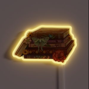 Flowers Growing From Vintage Book With Perched Lunar Moth Dark Purple Background RGB Neon Sign