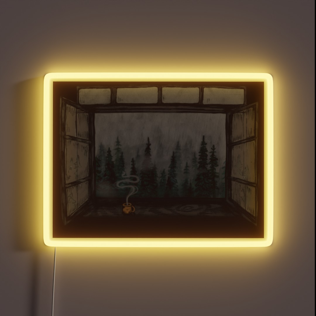 Foggy Forest Window Cozy Fall Illustration RGB Neon Sign Foggy Forest Window Cozy Fall Illustration RGB Neon Sign