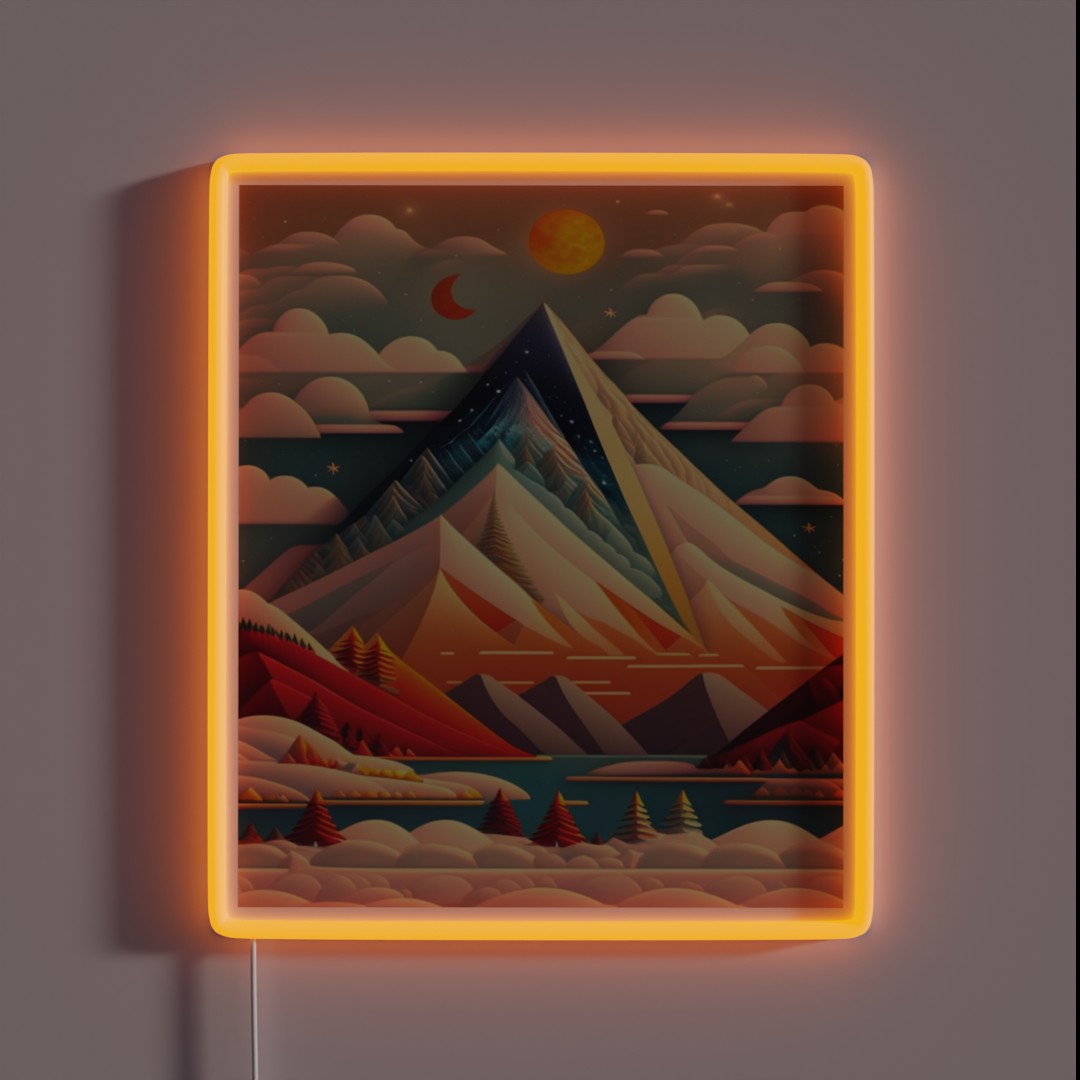 Folk Art Style Vintage Snowy Mountain RGB Neon Sign Folk Art Style Vintage Snowy Mountain RGB Neon Sign