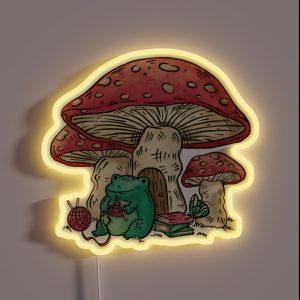 Frog Sitting Under A Mushroom Knitting Cottage Core Frog And Mushroom Cute Frog And Mushroom Gift For People Who Knit RGB Neon Sign
