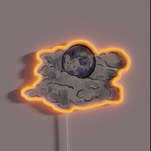 Full Moon Behind Clouds In Watercolor RGB Neon Sign